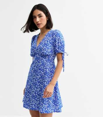 Blue Daisy Print Tie Sleeve Mini Dress