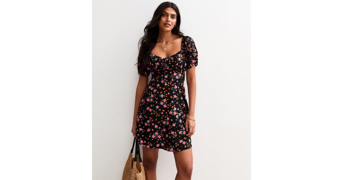 Black Floral Print Puff Sleeve Mini Dress | New Look