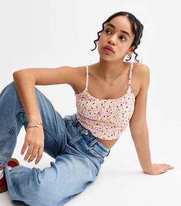 Girls White Strawberry Print Cropped Cami Top
