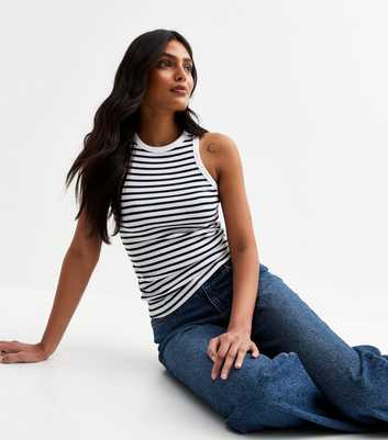 White Striped Ribbed Racer Vest