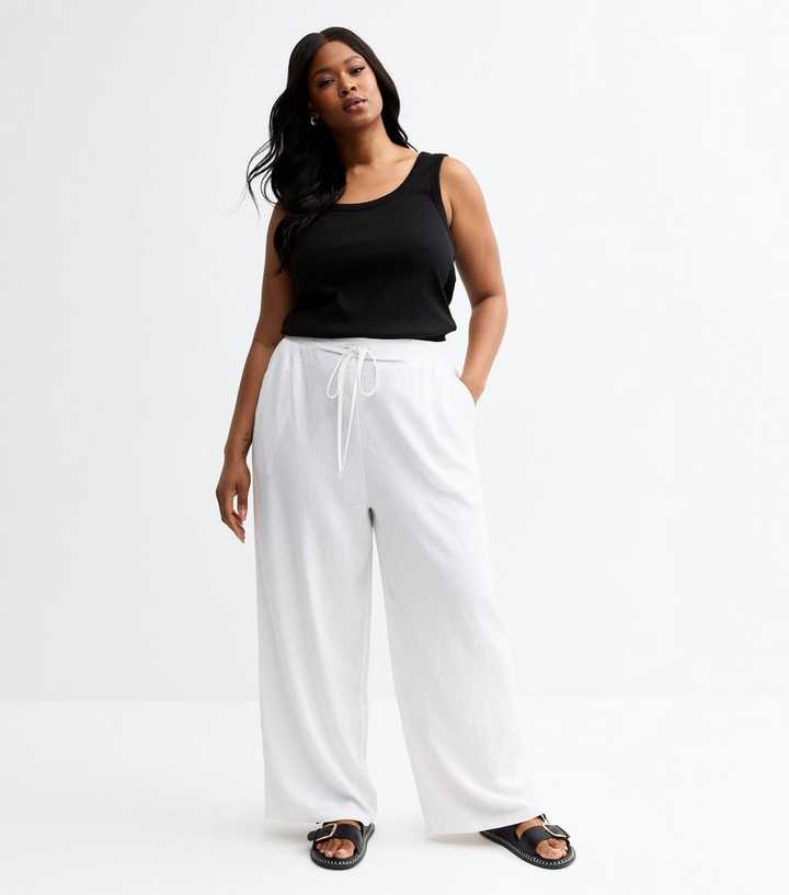 Curves White Linen Blend Wide Leg Trousers