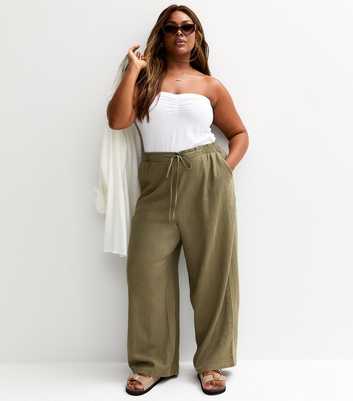 Curves Khaki Linen Blend Wide Leg Trousers