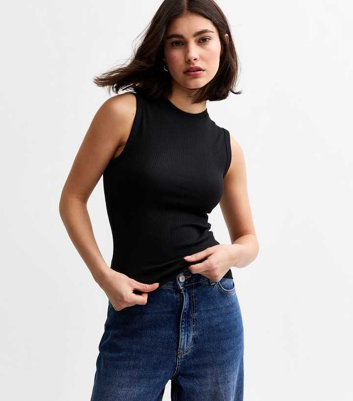 Black Ribbed High Neck Tank Top