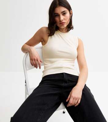 Cream Ribbed High Neck Tank Top