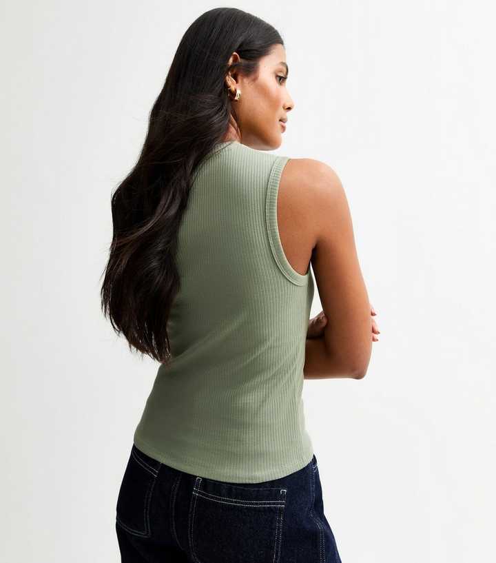 Women's High Neck Ribbed Tank Top - Cotton Rayon Racerback Halter Sleeveless Crop Top, Mustard, Large