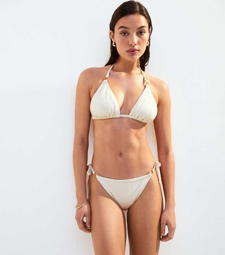 Cream Metallic Textured Ring Detail Bikini Bottoms