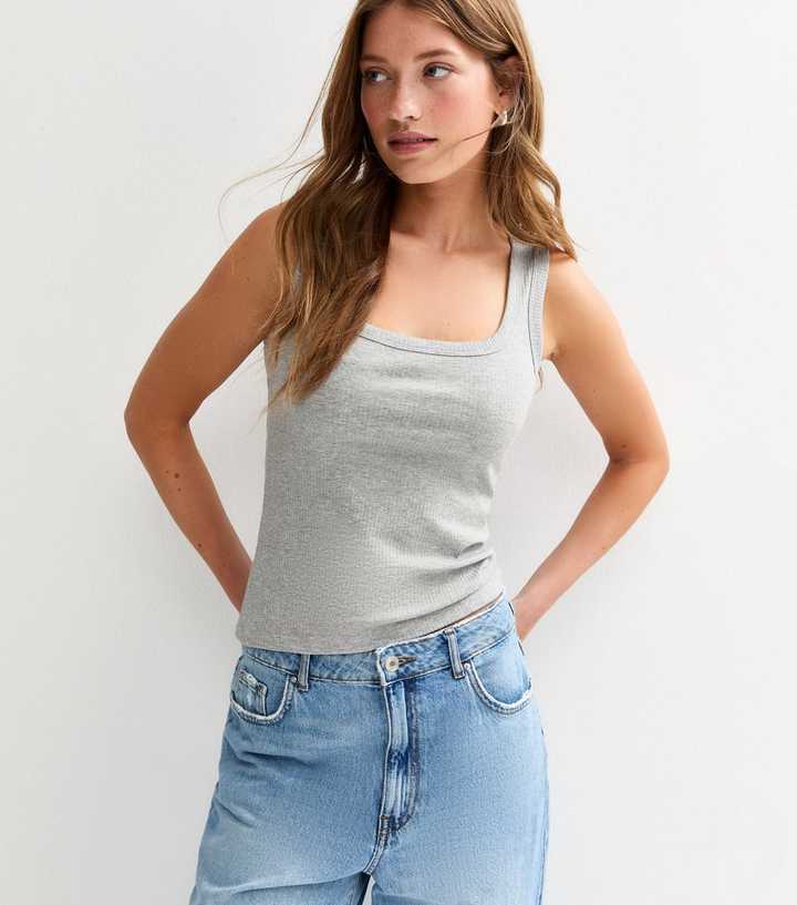 Marl Grey Ribbed Square Neck Vest Top