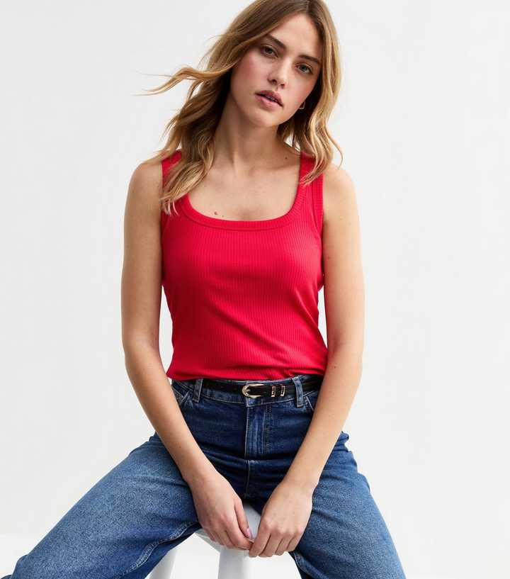 Red Ribbed Square Neck Vest Top