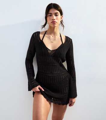 Black Pointelle Long Sleeve Kaftan Mini Dress