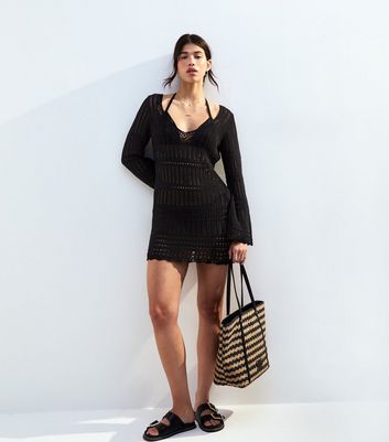 Black Crochet Long Sleeve Kaftan Mini Dress