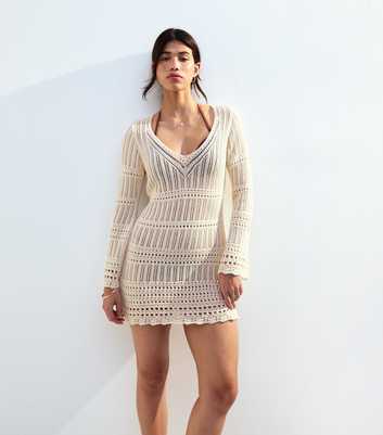 Cream Pointelle Long Sleeve Kaftan Mini Dress