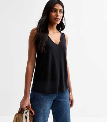 Black Linen Blend V Front Tank Top