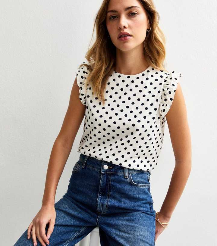 Cream Spot Print Frill Sleeve Top