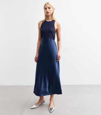 Navy Satin Skirt Midi Dress