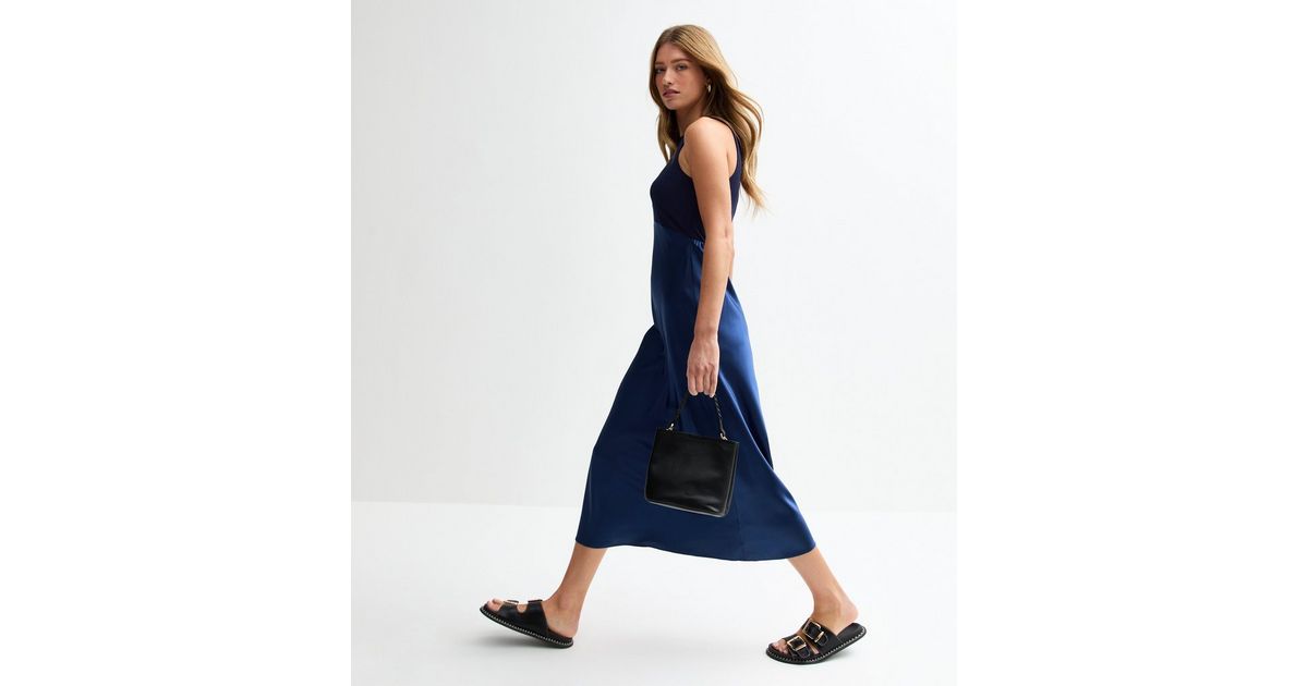 Navy Satin Skirt Midi Dress | New Look