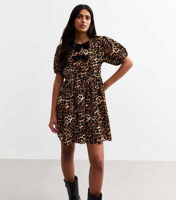 Brown Leopard Print Bow Detail Mini Dress