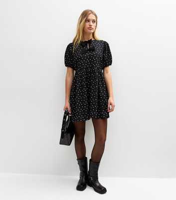 Black Bow Front Polka Dot Crinkle Texture Mini Dress