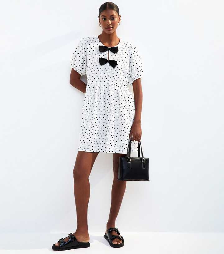 White Spot Print Bow Trim Mini Dress