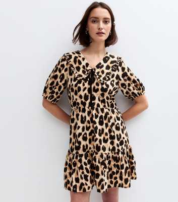 Brown Leopard Print Tie Collar Mini Dress