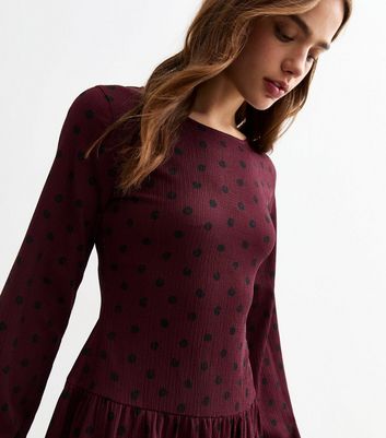 Burgundy Polka Dot Drop Waist Mini Dress New Look