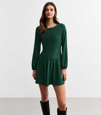 Dark Green Dropped Waist Textured Jersey Mini Dress