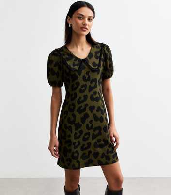 Green Animal Print Textured Jersey Mini Dress