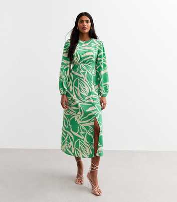 Green Leaf Print Midi Dress