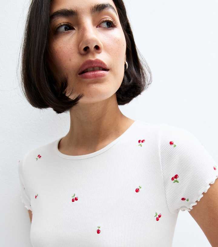 White Cherry Embroidered Rib Jersey Top