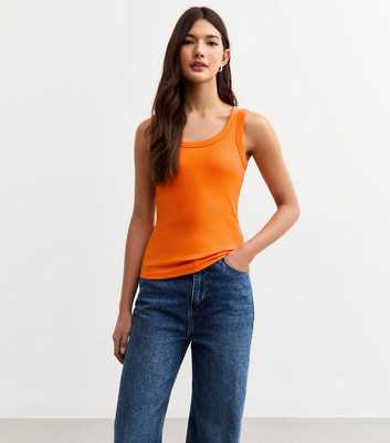 Bright Orange Wide Strap Scoop Neck Ribbed Vest