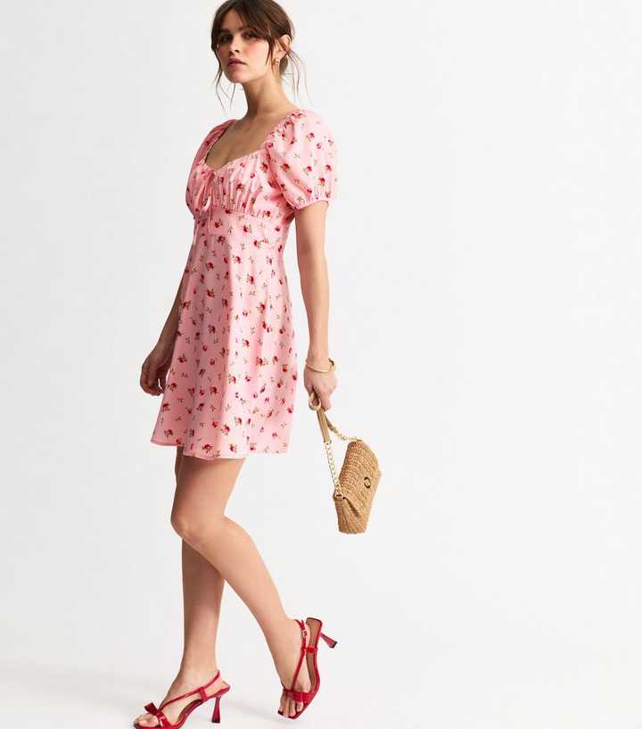 Pink Rose Print Milkmaid Mini Dress