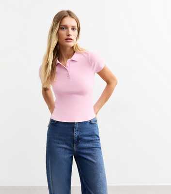 Pink Ribbed Jersey Fitted Polo Top