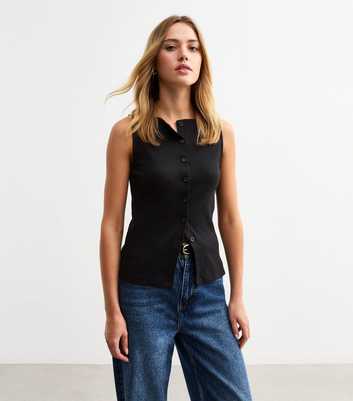 Black Rib Button Through Tank Top 