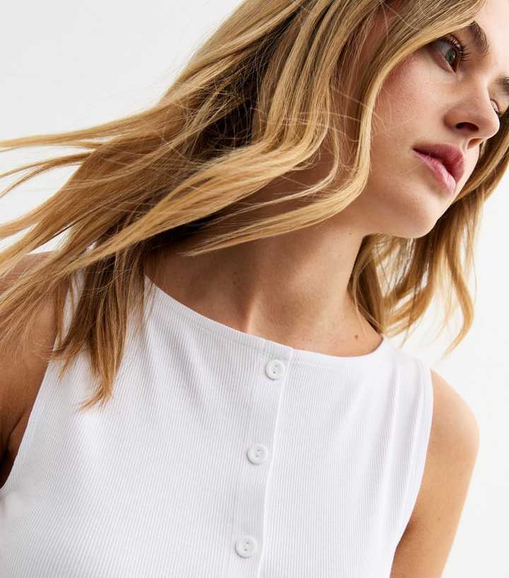 White Rib Button Through Tank Top 