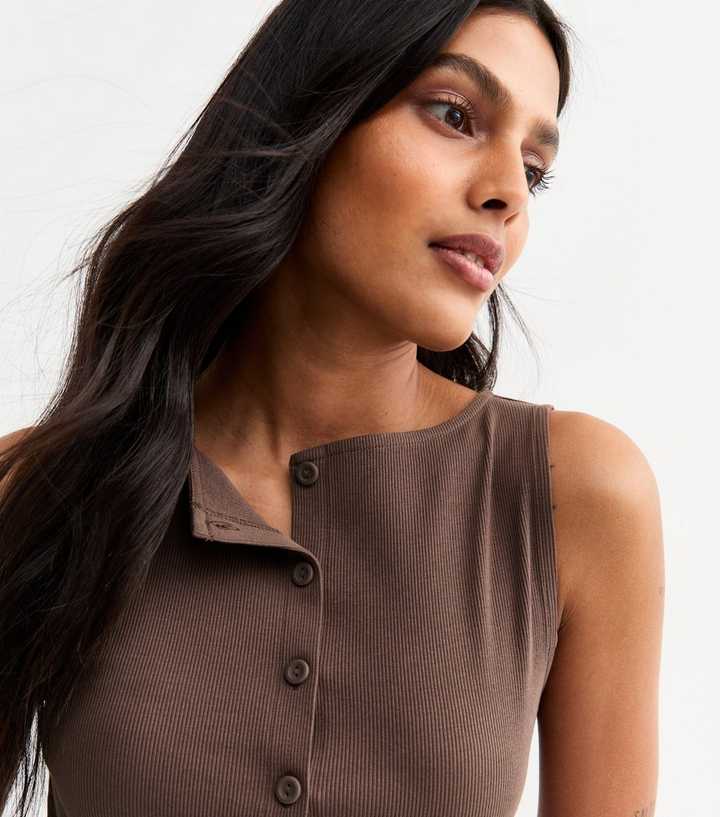 Dark Brown Rib Button Through Tank Top 