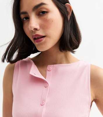 Pink Rib Button Through Tank Top 