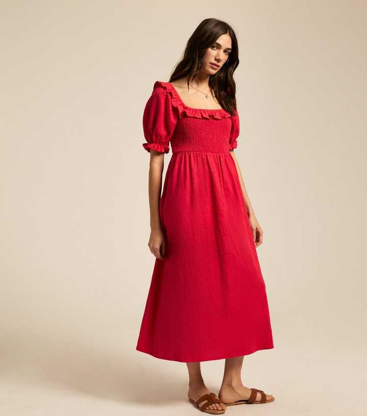 fitted lace wedding dress Allyn Red Smocked Midi Dress