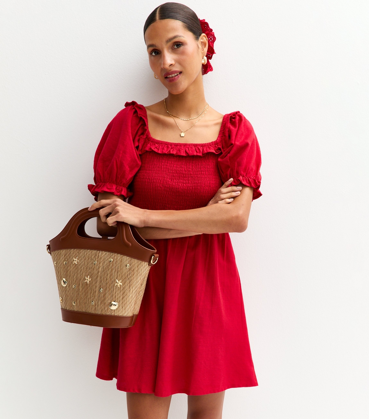 Women's Red Puff Sleeve Shirred Mini Dress New Look