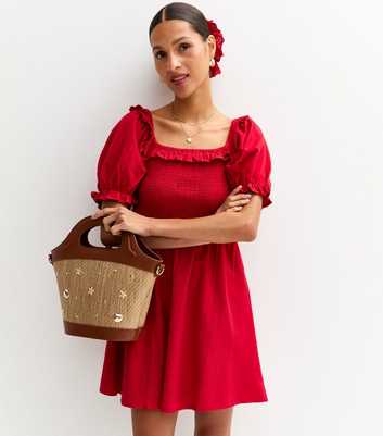 Red Puff Sleeve Shirred Mini Dress