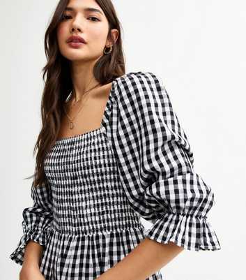 Black Gingham Shirred Midi Dress