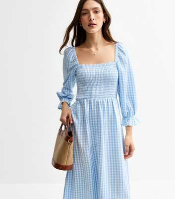 Blue Gingham Check Midi Dress