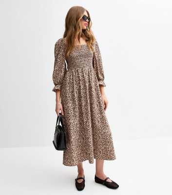 Brown Leopard Print Shirred Midi Dress