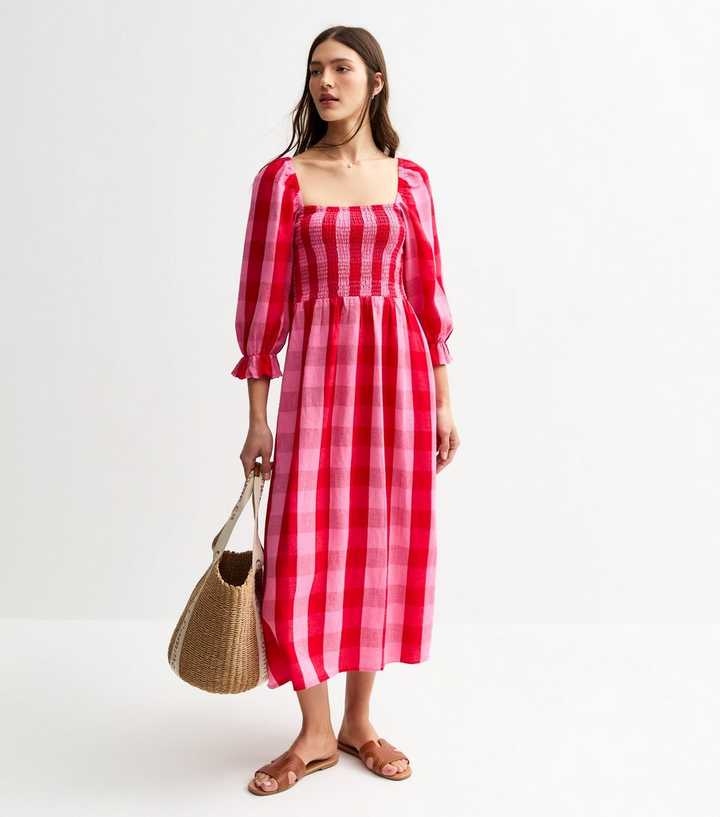 Pink Shirred Check Pattern Midi Dress