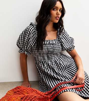 Black Gingham Check Shirred Mini Dress