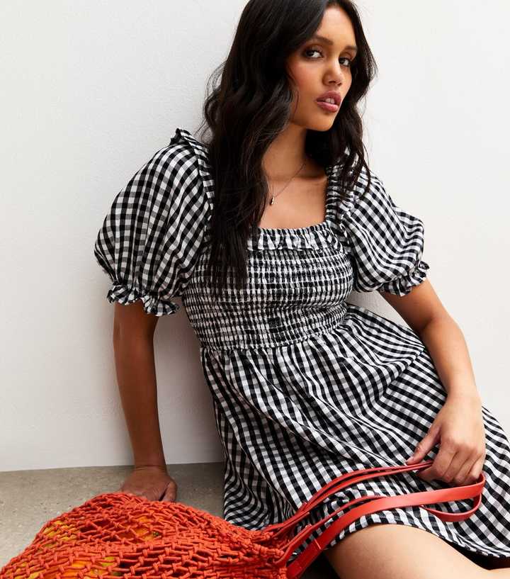Black Gingham Check Shirred Mini Dress | New Look