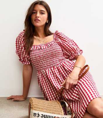 Red Gingham Print Shirred Mini Dress