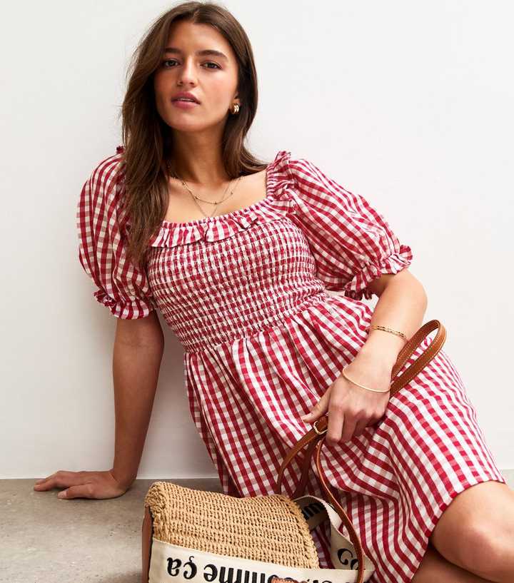 Red Gingham Print Shirred Mini Dress