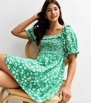 Green Floral Print Shirred Mini Dress