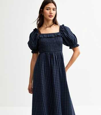 Navy Gingham Shirred Midi Dress