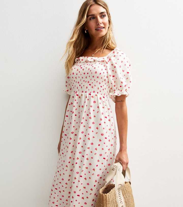 White Berry Print Shirred Midi Dress | New Look