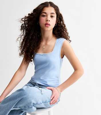 Girls Light Blue Lace Trim Square Neck Vest Top